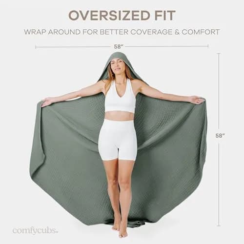 Comfy Cubs Adult Hooded Towel - Large 58'' x 58'', Soft, Absorbent, Stylish Dual-Function Muslin Towel Hoodie for Bath, Relaxation, and Everyday Use - Fern thumbnail 5