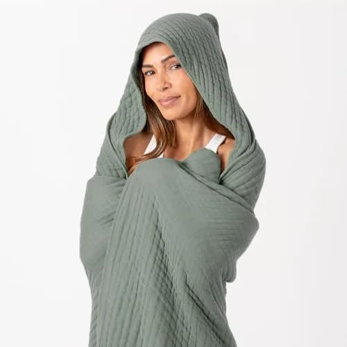 Comfy Cubs Adult Hooded Towel - Large 58'' x 58'', Soft, Absorbent, Stylish Dual-Function Muslin Towel Hoodie for Bath, Relaxation, and Everyday Use - Fern thumbnail 2