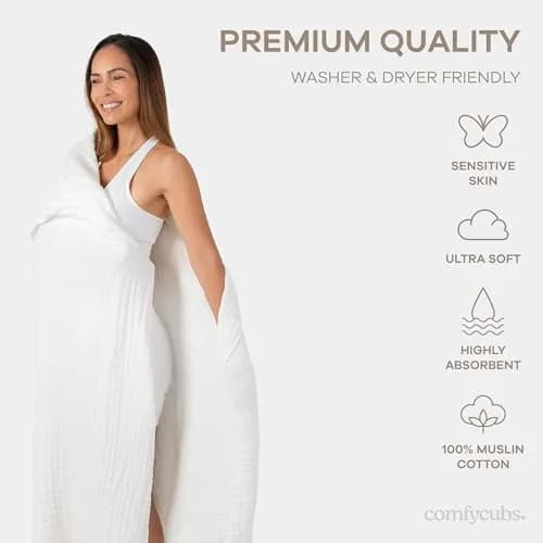 Comfy Cubs Adult Hooded Towel - Large 58'' x 58'', Soft, Absorbent, Stylish Dual-Function Muslin Towel Hoodie for Bath, Relaxation, and Everyday Use - White thumbnail 4