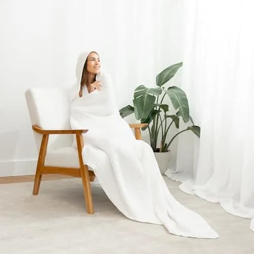 Comfy Cubs Adult Hooded Towel - Large 58'' x 58'', Soft, Absorbent, Stylish Dual-Function Muslin Towel Hoodie for Bath, Relaxation, and Everyday Use - White thumbnail 3
