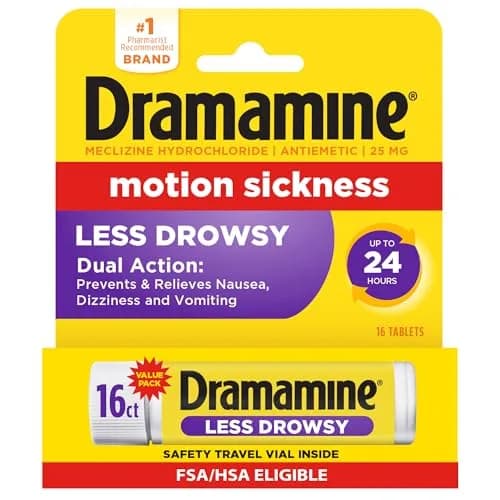 Dramamine Less Drowsy Motion Sickness Relief Tablets 16 Count (Pack of 1) | Prevents & Treats Nausea, Dizziness, Vomiting for 24 Hours thumbnail 1