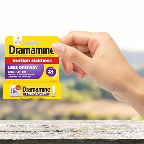 Dramamine Less Drowsy Motion Sickness Relief Tablets 16 Count (Pack of 1) | Prevents & Treats Nausea, Dizziness, Vomiting for 24 Hours thumbnail 6