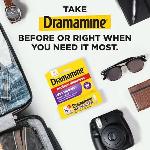 Dramamine Less Drowsy Motion Sickness Relief Tablets 16 Count (Pack of 1) | Prevents & Treats Nausea, Dizziness, Vomiting for 24 Hours thumbnail 3