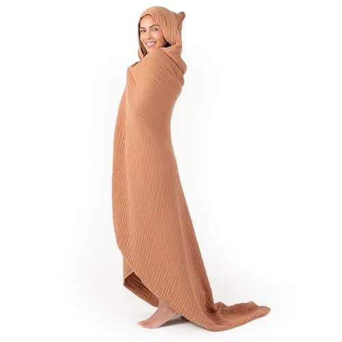 Comfy Cubs Adult Hooded Towel - Large 58'' x 58'', Soft, Absorbent, Stylish Dual-Function Muslin Towel Hoodie for Bath, Relaxation, and Everyday Use - Caramel thumbnail 1