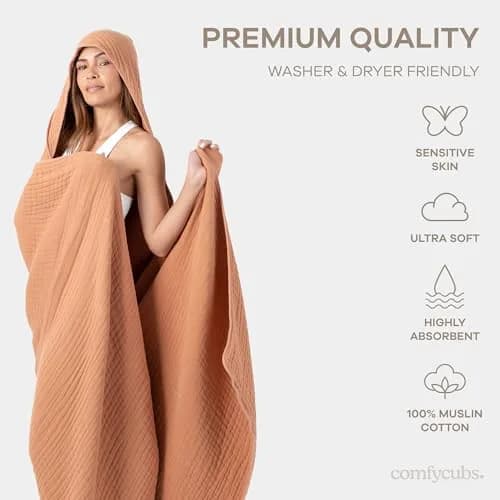 Comfy Cubs Adult Hooded Towel - Large 58'' x 58'', Soft, Absorbent, Stylish Dual-Function Muslin Towel Hoodie for Bath, Relaxation, and Everyday Use - Caramel thumbnail 4