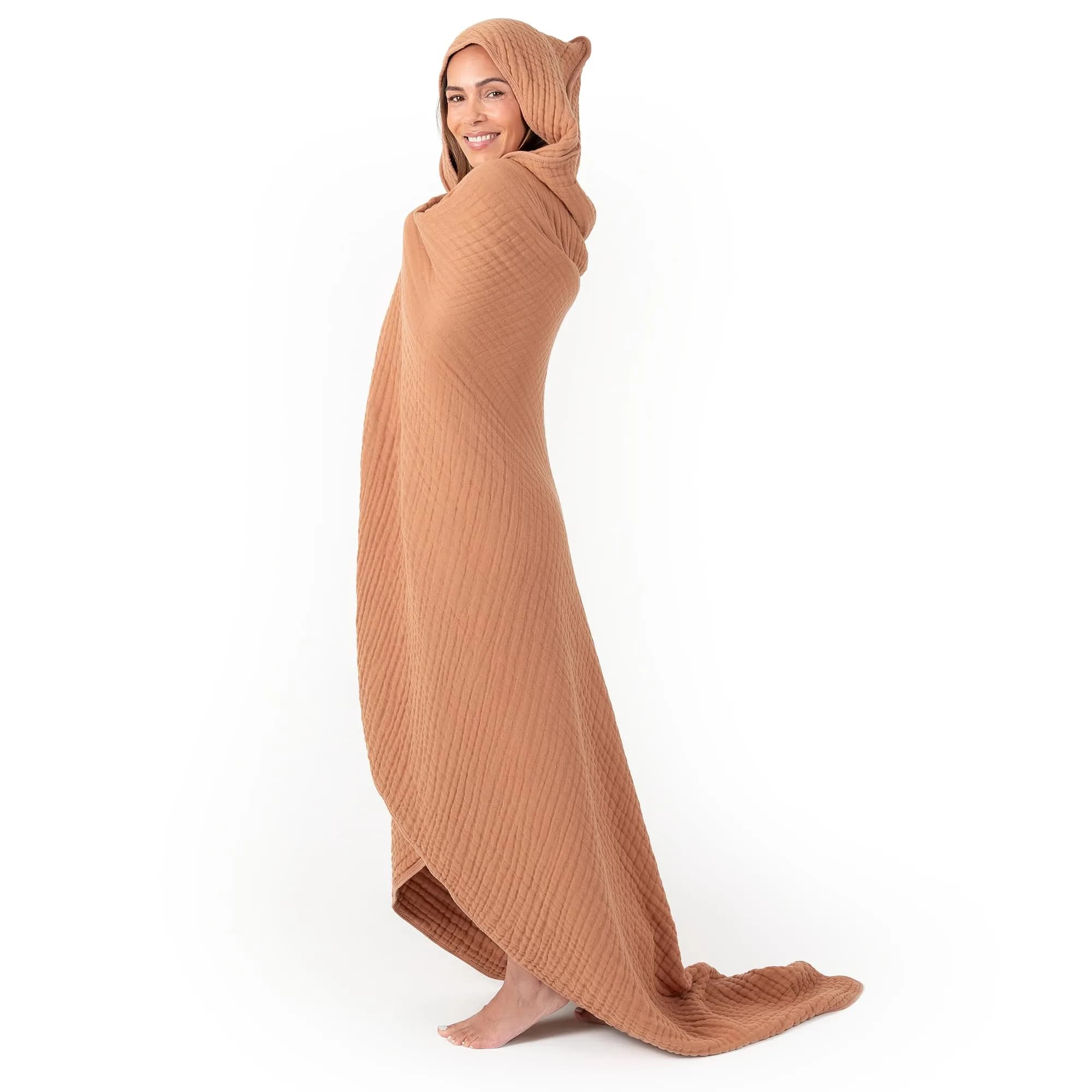 Comfy Cubs Adult Hooded Towel - Large 58'' x 58'', Soft, Absorbent, Stylish Dual-Function Muslin Towel Hoodie for Bath, Relaxation, and Everyday Use - Caramel - main product image