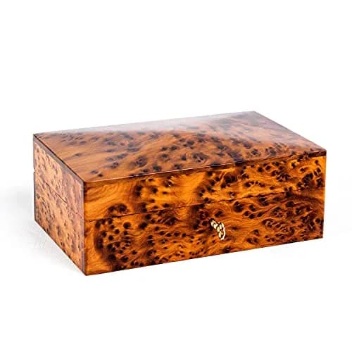 BAZAARDI Hand Carved Wooden Jewelry Box 6x4.35x3 in | Lockable Moroccan Thuya Burl thumbnail 1