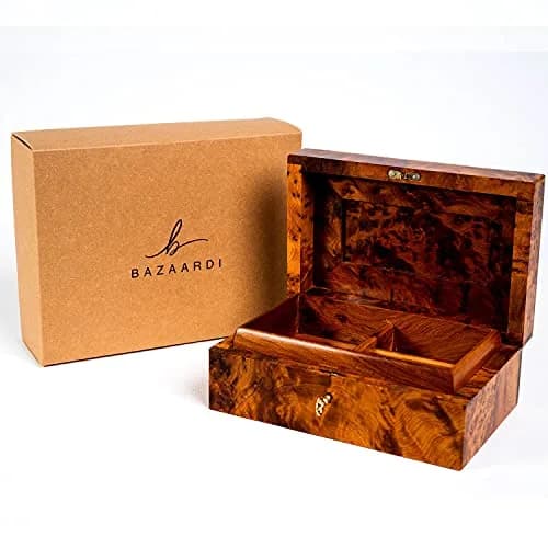 BAZAARDI Hand Carved Wooden Jewelry Box 6x4.35x3 in | Lockable Moroccan Thuya Burl thumbnail 9