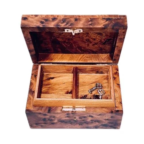 BAZAARDI Hand Carved Wooden Jewelry Box 6x4.35x3 in | Lockable Moroccan Thuya Burl thumbnail 2