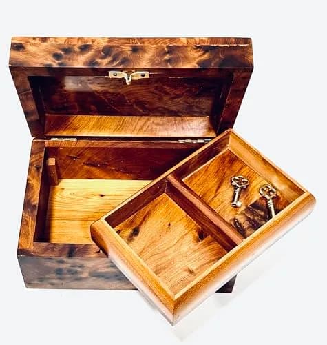 BAZAARDI Hand Carved Wooden Jewelry Box 6x4.35x3 in | Lockable Moroccan Thuya Burl thumbnail 3