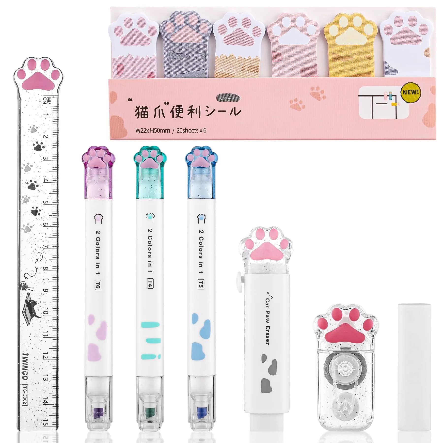 Kogcmeetl Cute Cat Paw Stationery Set White | Eraser Correction Tape Highlighters Sticky Notes Ruler - main product image