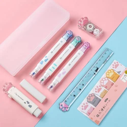 Kogcmeetl Cute Cat Paw Stationery Set White | Eraser Correction Tape Highlighters Sticky Notes Ruler thumbnail 6