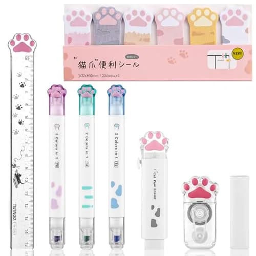 Kogcmeetl Cute Cat Paw Stationery Set White | Eraser Correction Tape Highlighters Sticky Notes Ruler thumbnail 1