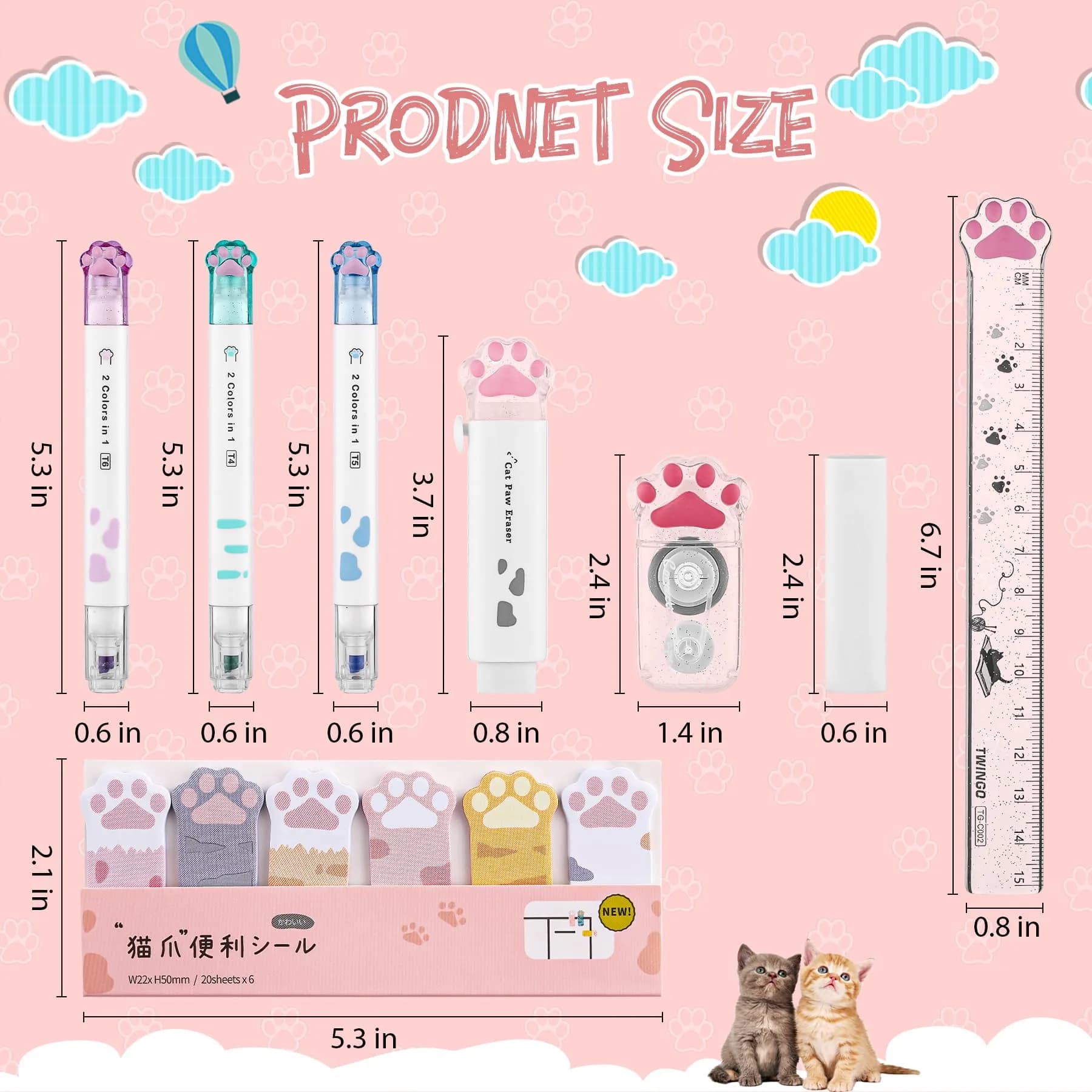 Kogcmeetl Cute Cat Paw Stationery Set White | Eraser Correction Tape Highlighters Sticky Notes Ruler - view 2