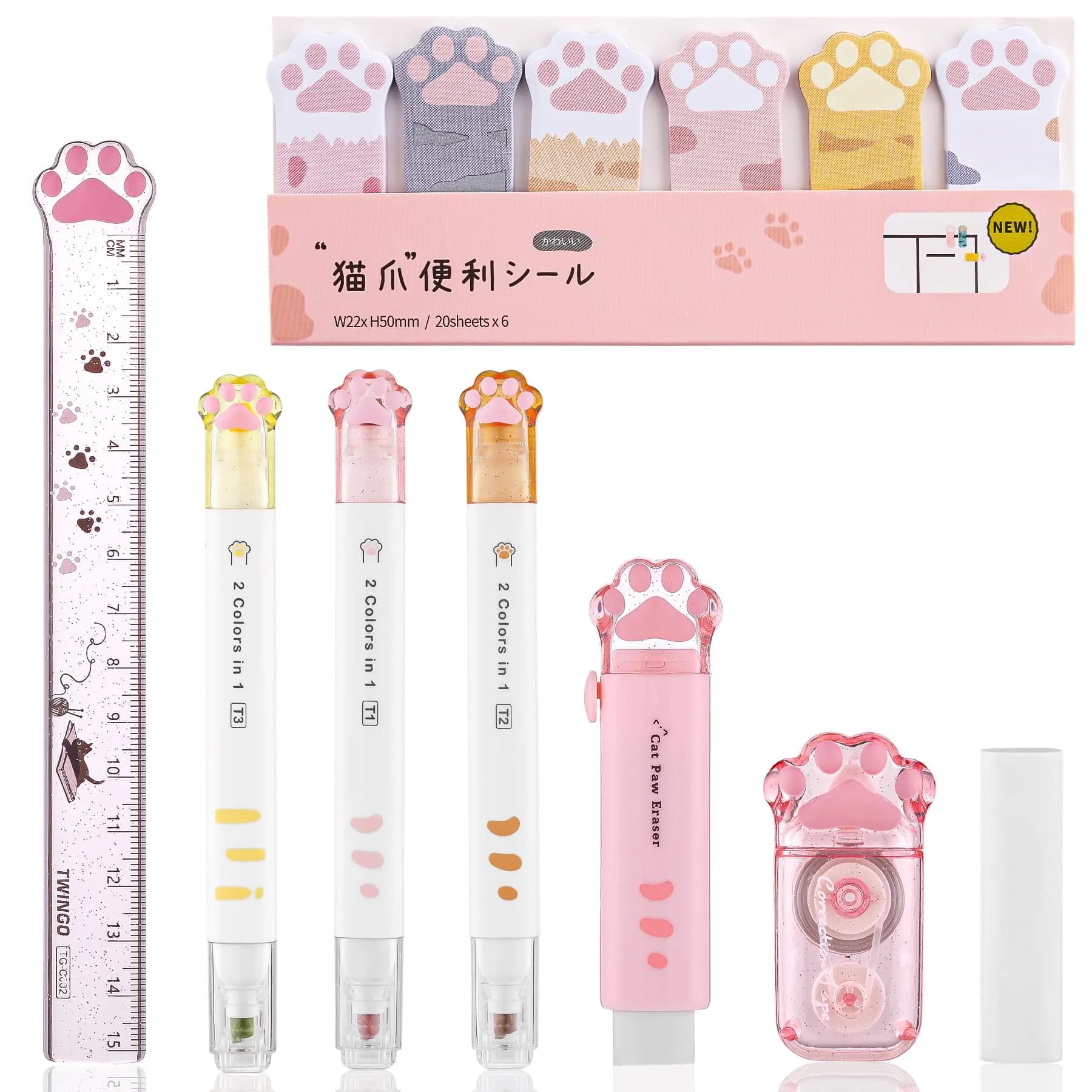 Kogcmeetl Style D Pink 8 Pcs Cute Cat Paw Stationery Set with Retractable Eraser, Sharpener, Correction Tape, Sticky Notes, Ruler, Scissors, Utility Knife - main product image
