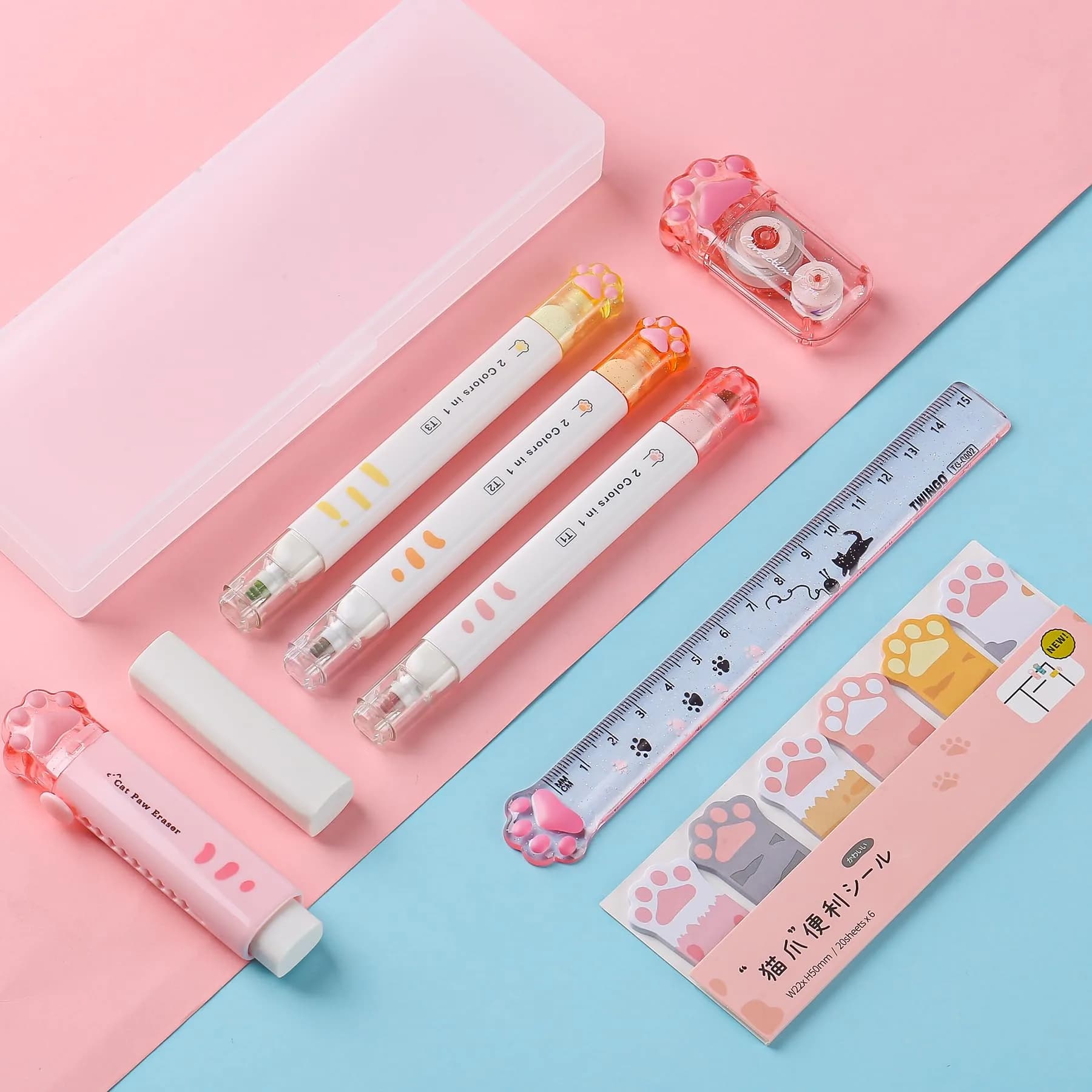 Kogcmeetl Pink 8 Pcs Cute Cat Paw Stationery Set | Eraser Correction Tape Highlighters Sticky Notes Ruler for Cat Lovers Students - view 6