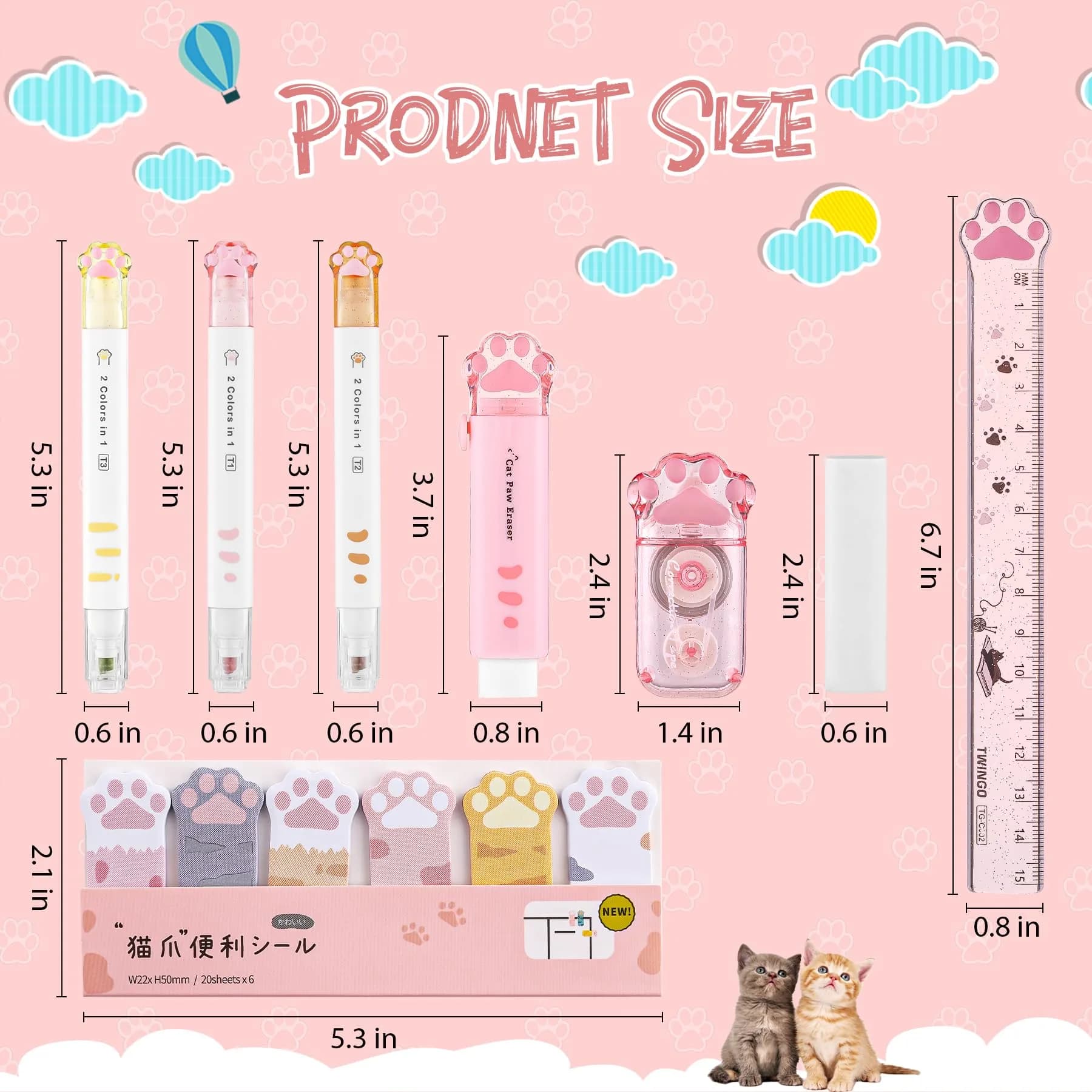 Kogcmeetl Style D Pink 8 Pcs Cute Cat Paw Stationery Set with Retractable Eraser, Sharpener, Correction Tape, Sticky Notes, Ruler, Scissors, Utility Knife - view 2