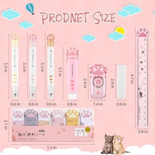 Kogcmeetl Pink 8 Pcs Cute Cat Paw Stationery Set | Eraser Correction Tape Highlighters Sticky Notes Ruler for Cat Lovers Students thumbnail 2