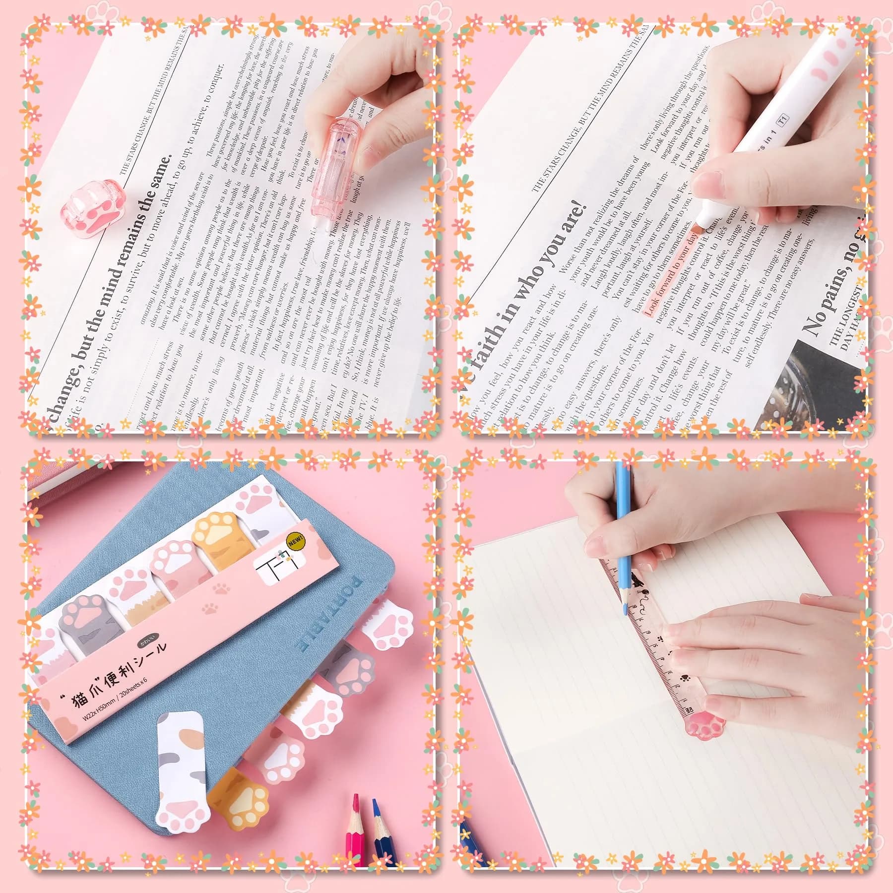 Kogcmeetl Style D Pink 8 Pcs Cute Cat Paw Stationery Set with Retractable Eraser, Sharpener, Correction Tape, Sticky Notes, Ruler, Scissors, Utility Knife - view 3