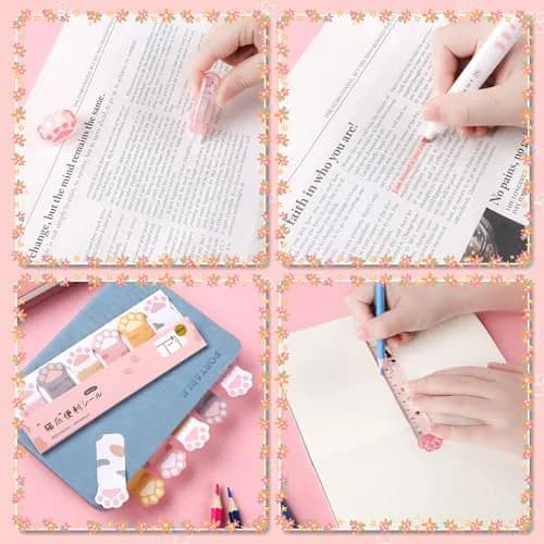 Kogcmeetl Pink 8 Pcs Cute Cat Paw Stationery Set | Eraser Correction Tape Highlighters Sticky Notes Ruler for Cat Lovers Students thumbnail 3