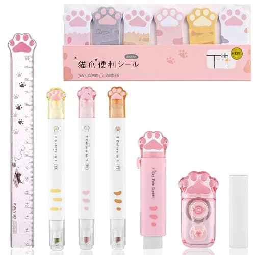 Kogcmeetl White 8 Pcs Cute Cat Paw Stationery Set | Retractable Eraser, Sharpener, Correction Tape, Sticky Notes, Ruler, Scissors, Utility Knife — Style D (Pink)