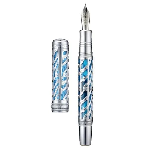 HONG DIAN A6 Piston Fountain Pen Extra Fine Soft Nib, Silver Blue Hollow Skeleton & Resin Pen with Metal Case Set thumbnail 1