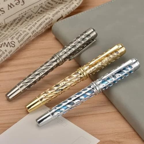 HONG DIAN A6 Piston Fountain Pen Extra Fine Soft Nib, Silver Blue Hollow Skeleton & Resin Pen with Metal Case Set thumbnail 5