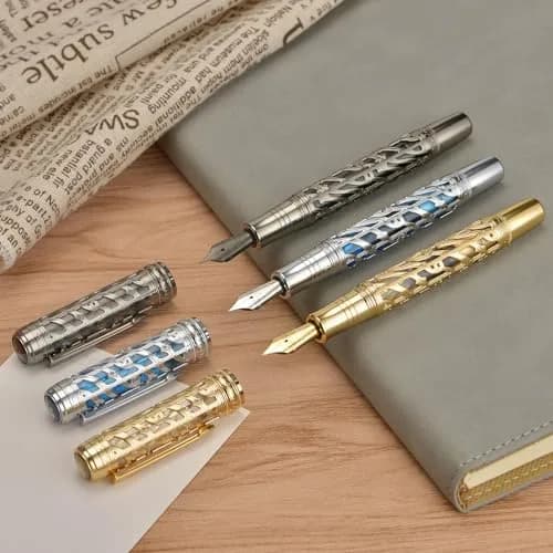 HONG DIAN A6 Piston Fountain Pen Extra Fine Soft Nib, Silver Blue Hollow Skeleton & Resin Pen with Metal Case Set thumbnail 6