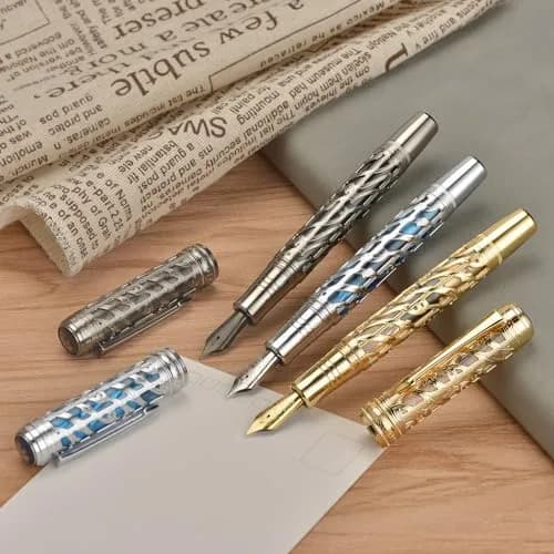 HONG DIAN A6 Piston Fountain Pen Extra Fine Soft Nib, Silver Blue Hollow Skeleton & Resin Pen with Metal Case Set thumbnail 7