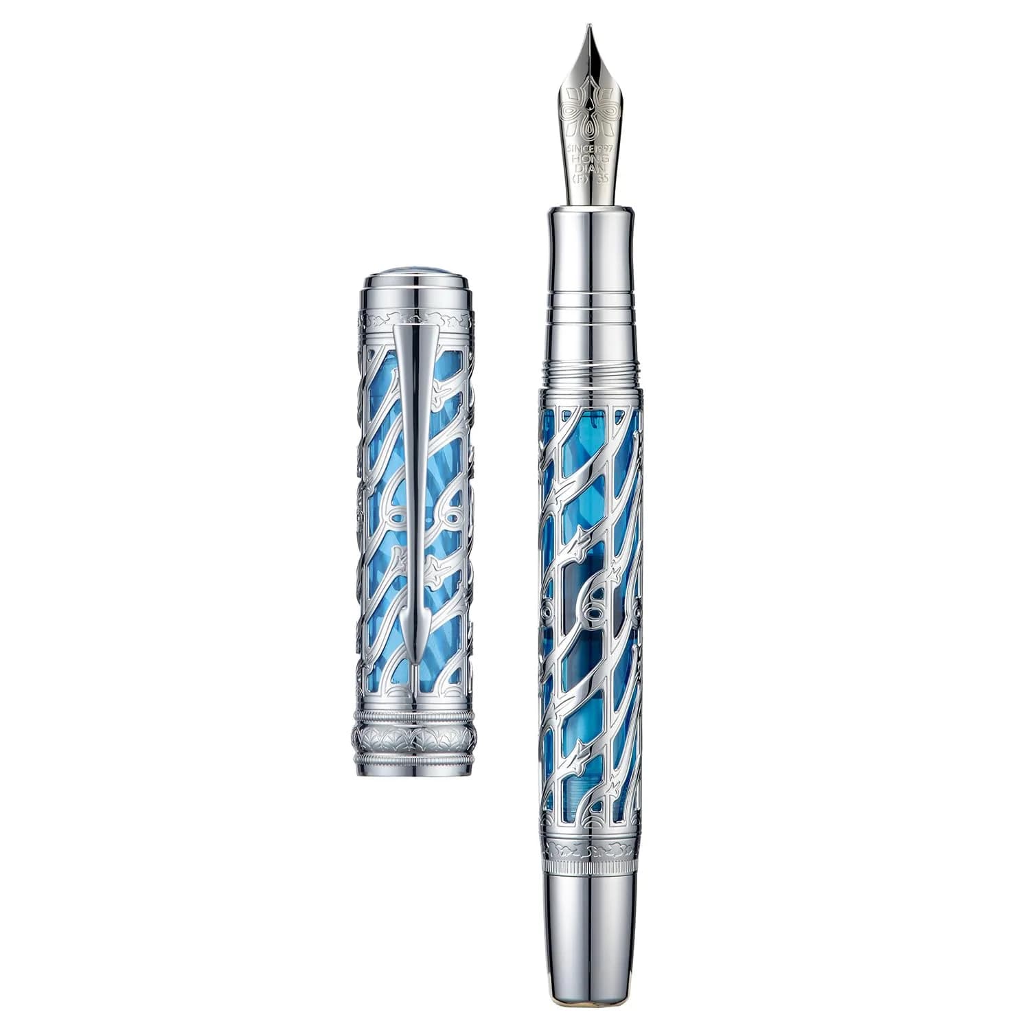 HONG DIAN A6 Piston Fountain Pen Extra Fine Soft Nib, Silver Blue Hollow Skeleton & Resin Pen with Metal Case Set — Silver Blue
