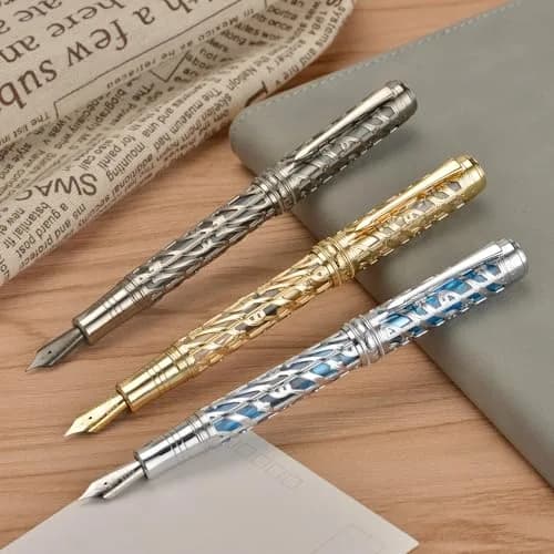 HONG DIAN A6 Piston Fountain Pen Extra Fine Soft Nib, Silver Blue Hollow Skeleton & Resin Pen with Metal Case Set thumbnail 8