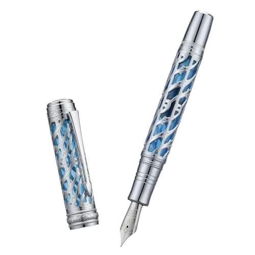 HONG DIAN A6 Piston Fountain Pen Extra Fine Soft Nib, Silver Blue Hollow Skeleton & Resin Pen with Metal Case Set thumbnail 9