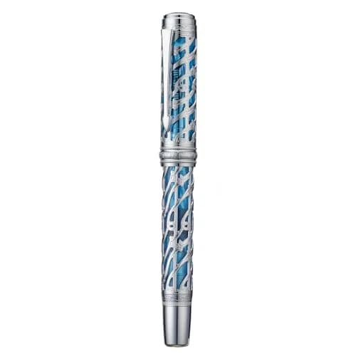 HONG DIAN A6 Piston Fountain Pen Extra Fine Soft Nib, Silver Blue Hollow Skeleton & Resin Pen with Metal Case Set thumbnail 2