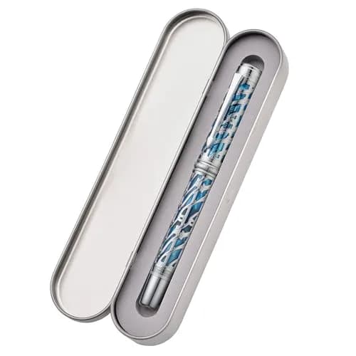 HONG DIAN A6 Piston Fountain Pen Extra Fine Soft Nib, Silver Blue Hollow Skeleton & Resin Pen with Metal Case Set thumbnail 3