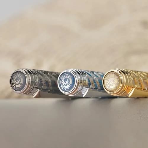 HONG DIAN A6 Piston Fountain Pen Extra Fine Soft Nib, Silver Blue Hollow Skeleton & Resin Pen with Metal Case Set thumbnail 4