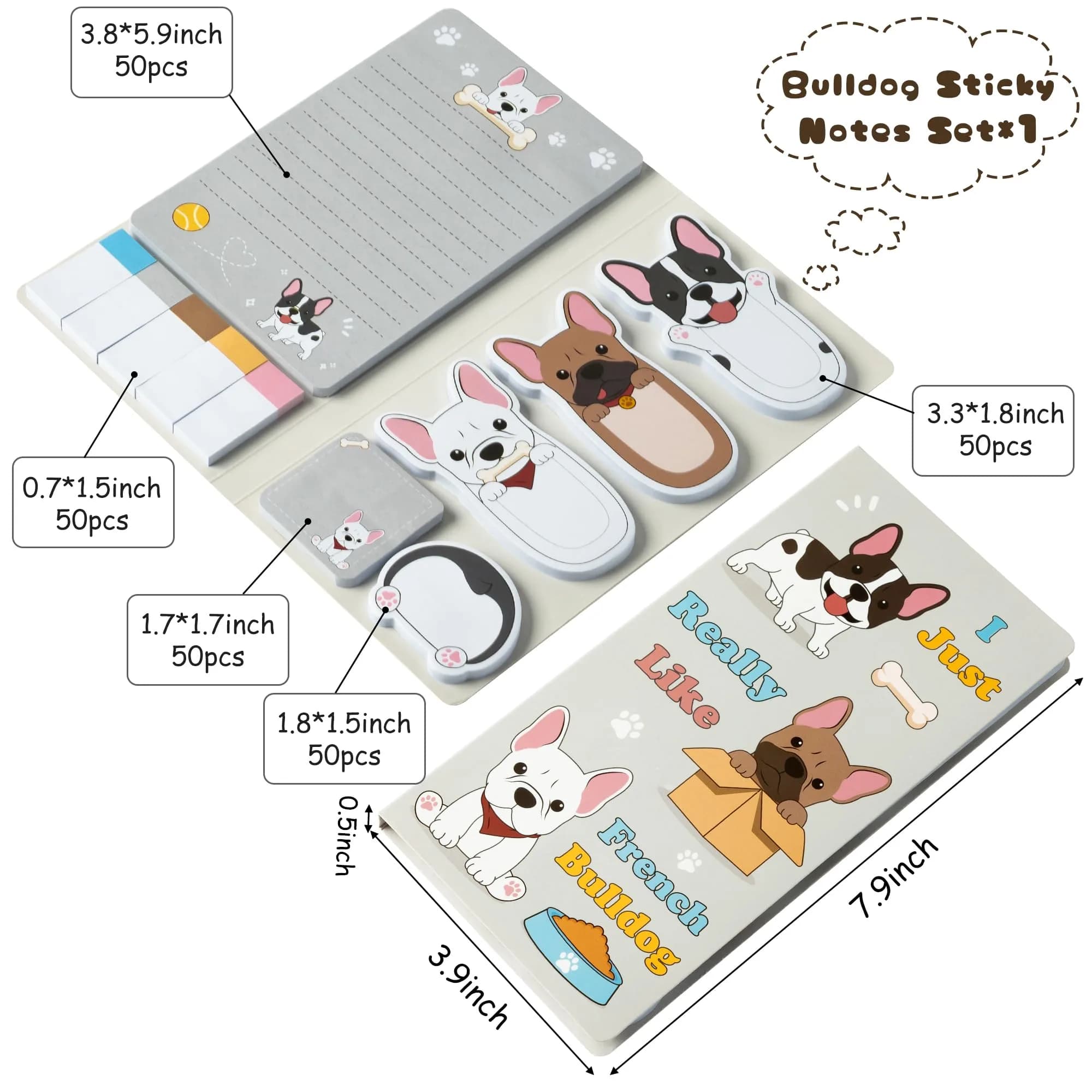 Xqumoi French Bulldog Sticky Notes Set, 550 Sheets, Cartoon Animal Memo Pads Bundle | Cute Dog Design for Students & Office - view 2