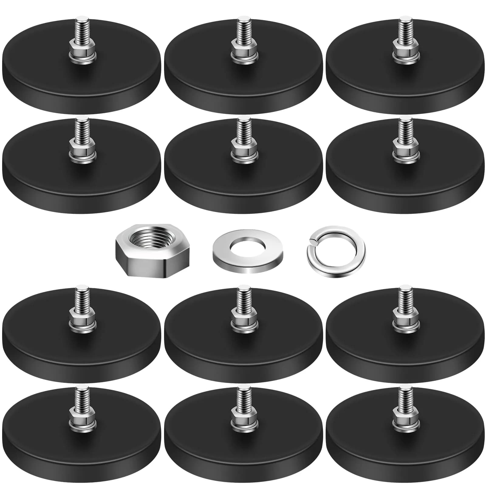 DIYMAG Rubber Coated Neodymium Disc Magnets 6.6cm (2.6in) Diameter, 65lb Pull Force, 6-Pack | Heavy Duty Magnetic Mounts with M6 Threaded Studs — M6-65LB-2.59in