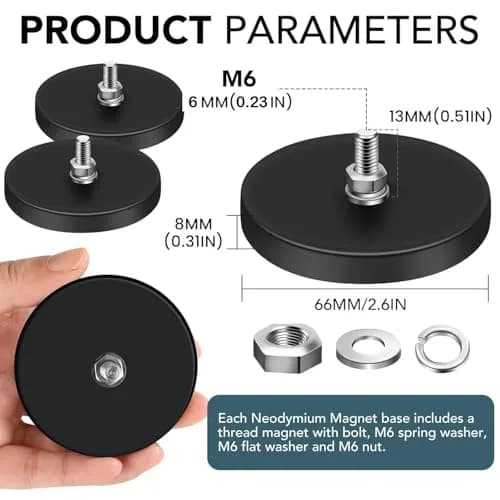 DIYMAG Rubber Coated Neodymium Disc Magnets 6.6cm (2.6in) Diameter, 65lb Pull Force, 6-Pack | Heavy Duty Magnetic Mounts with M6 Threaded Studs thumbnail 2