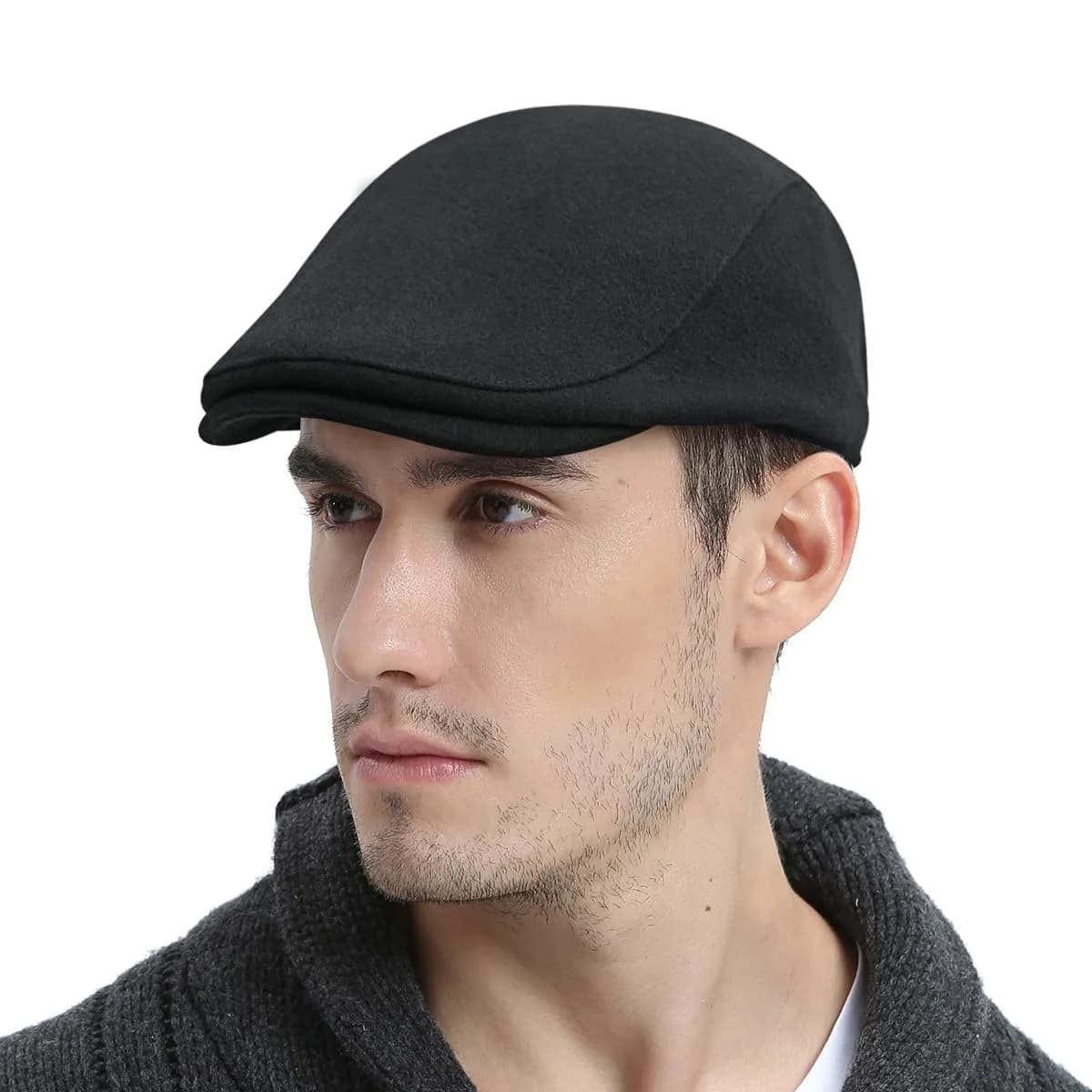 FEINION Men Wool Blend Flat Cap Tweed Newsboy Ivy Hat (Black) | Vintage Casual Winter Style