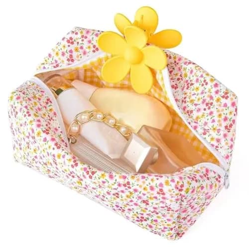 MZLUWM Puffy Coquette Floral Quilted Makeup Bag Large Fashionable Travel Pouch Cute Pink 20cm (7.8in) x 12cm (4.7in) x 10cm (4in) thumbnail 1
