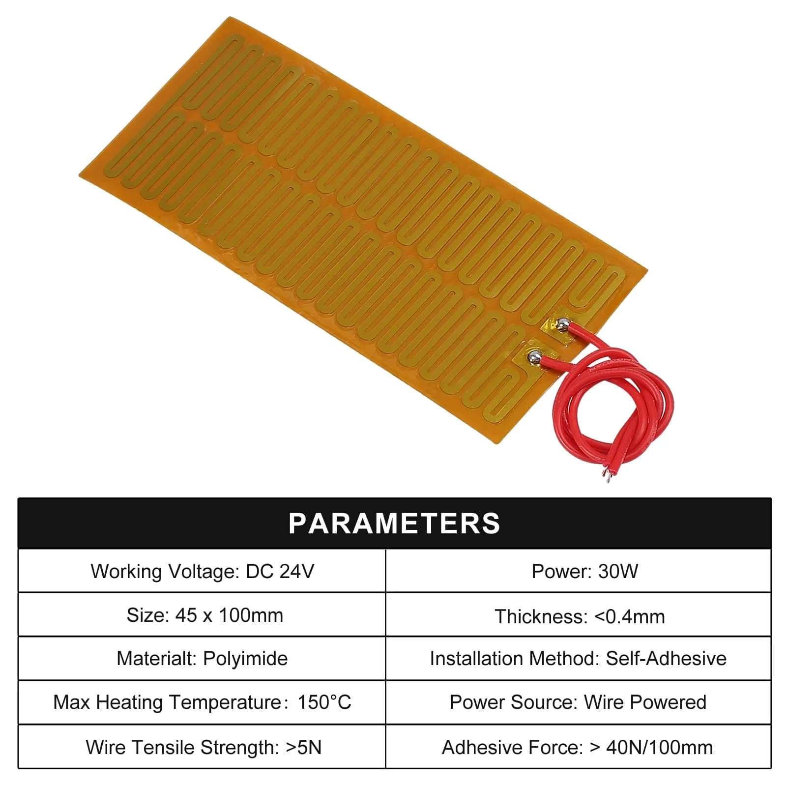 Coliao 24V 30W Polyimide Heater Film 45mmx100mm (6-Pack) | Flexible Adhesive Heating Elements - view 3