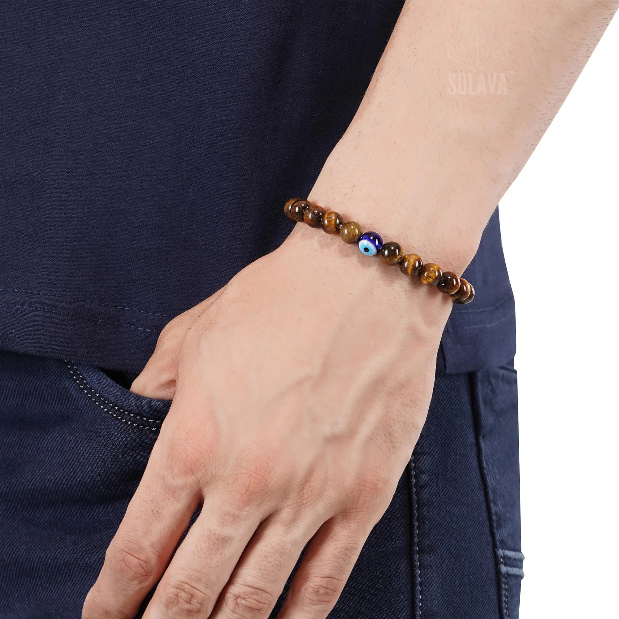 SOLAVA Natural Tiger Eye Bracelet with Evil Eye 8mm Beads | Courage, Protection, Willpower - view 6