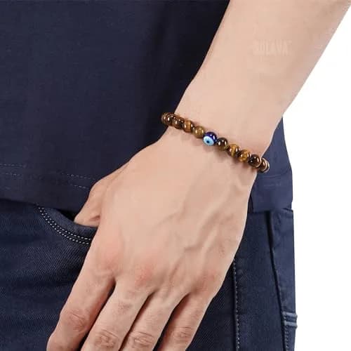 SOLAVA Natural Tiger Eye Bracelet with Evil Eye 8mm Beads | Courage, Protection, Willpower thumbnail 6