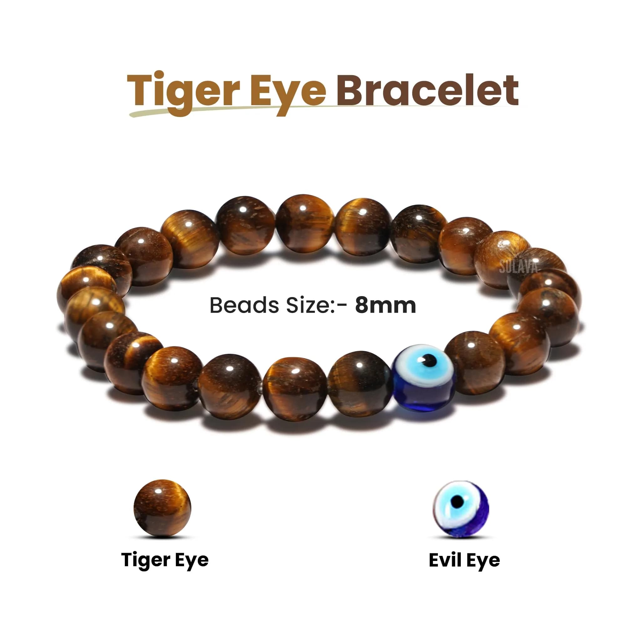 SOLAVA Natural Tiger Eye Bracelet with Evil Eye 8mm Beads | Courage, Protection, Willpower - view 7