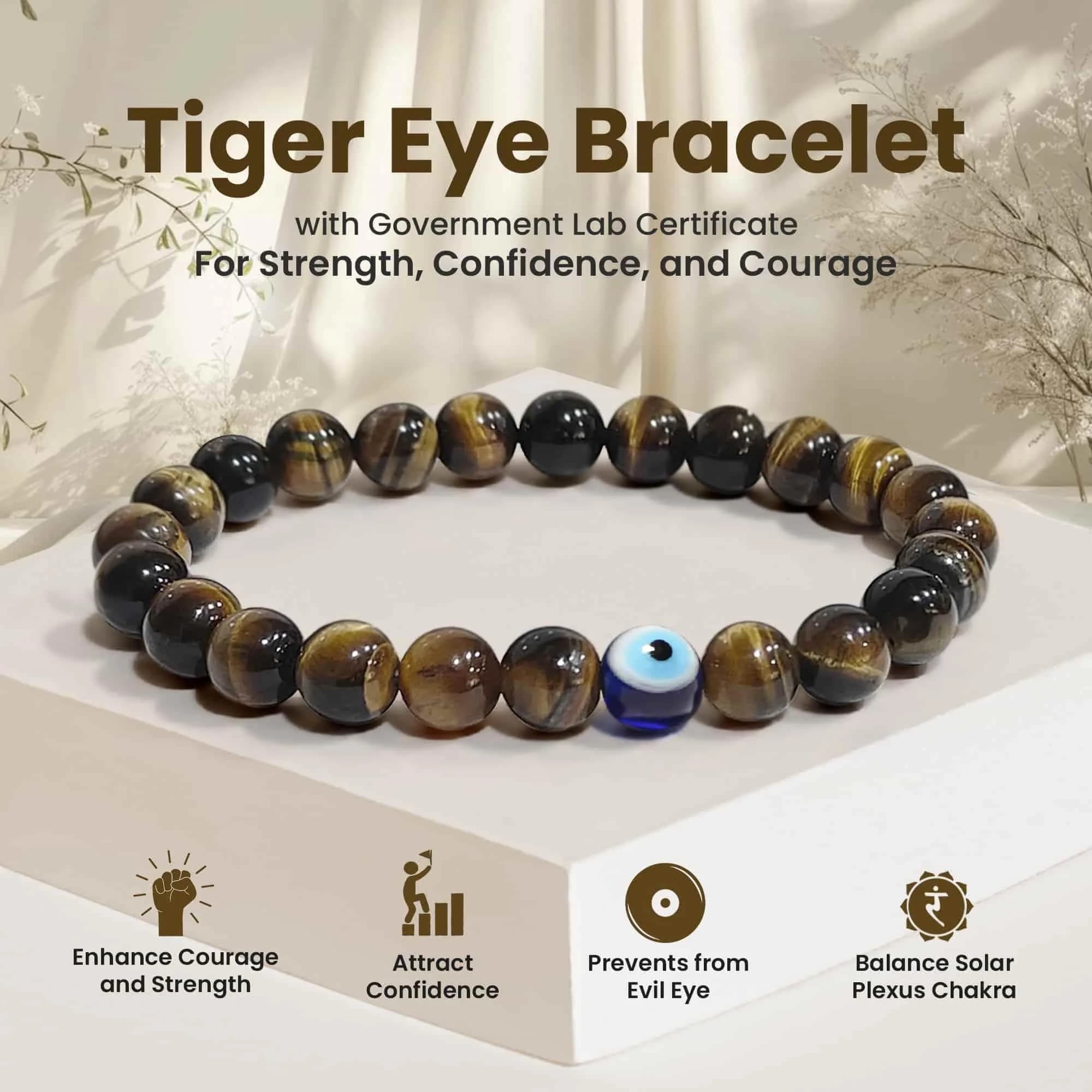 SOLAVA Natural Tiger Eye Bracelet with Evil Eye 8mm Beads | Courage, Protection, Willpower - view 2
