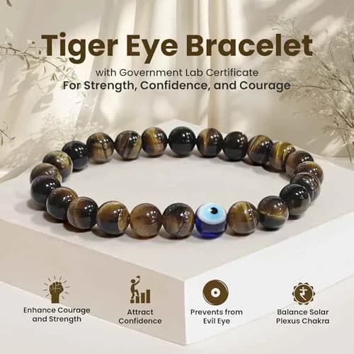 SOLAVA Natural Tiger Eye Bracelet with Evil Eye 8mm Beads | Courage, Protection, Willpower thumbnail 2