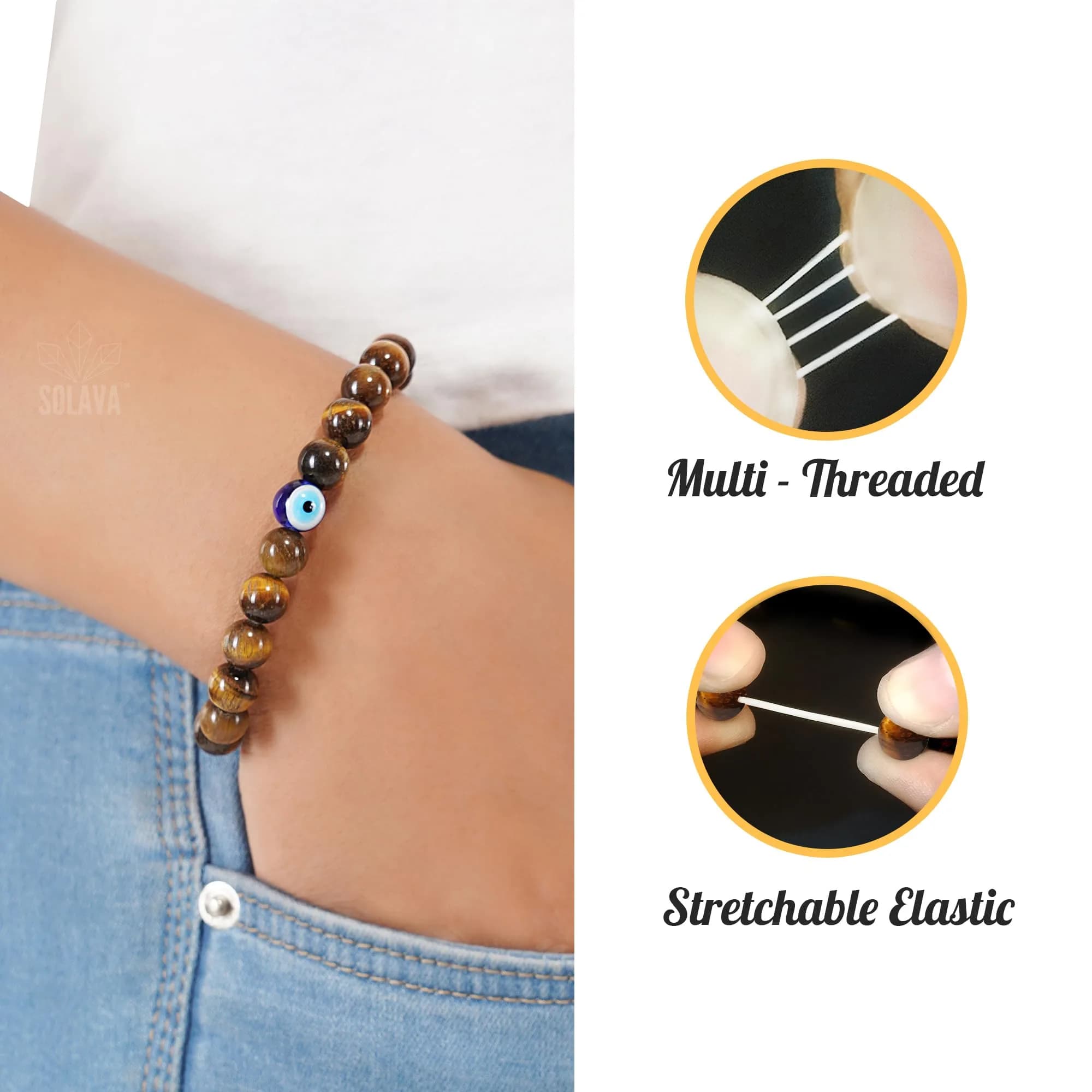 SOLAVA Natural Tiger Eye Bracelet with Evil Eye 8mm Beads | Courage, Protection, Willpower - view 3