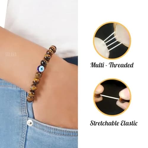 SOLAVA Natural Tiger Eye Bracelet with Evil Eye 8mm Beads | Courage, Protection, Willpower thumbnail 3