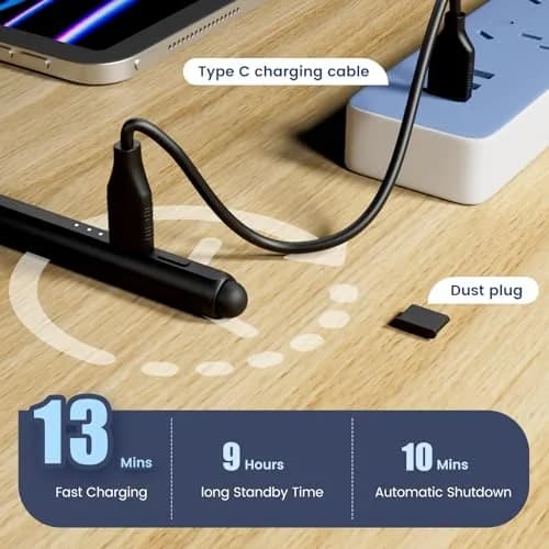 STYLUSHOME Active Stylus Pen for iPad 10th/9th/8th/7th/6th Gen, Pro 11/12.9in, Air 5/4/3, Mini 5/6 — 165mm (5.5in) Black | 13-Min Charge, 9-Hr Use, Tilt & Palm Rejection thumbnail 6