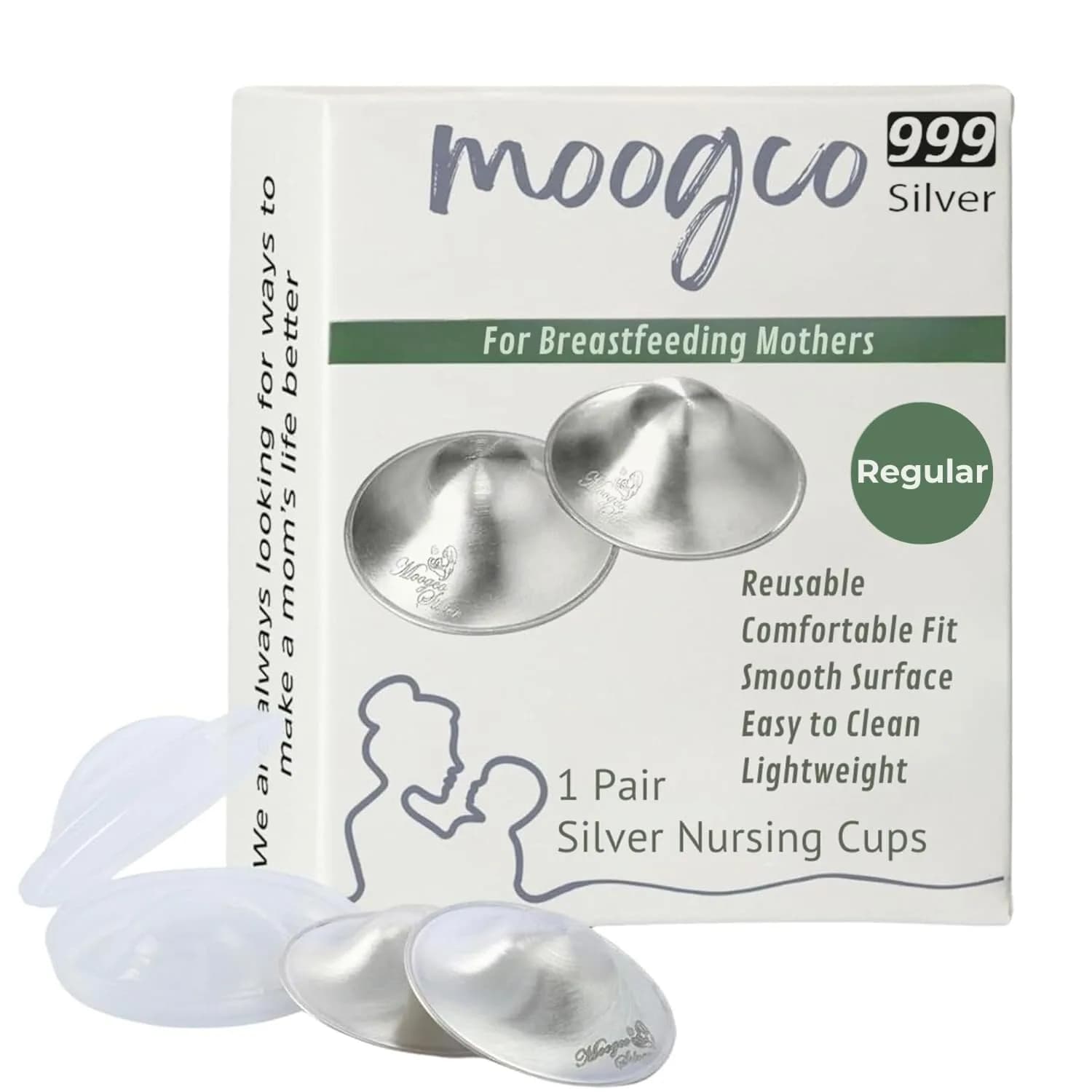 MOOGCO Silver Nursing Cups - 999k Pure Silver Nipple Shields for Breastfeeding - Chemical-Free Nipple Protection (Regular, Set of 2) - main product image
